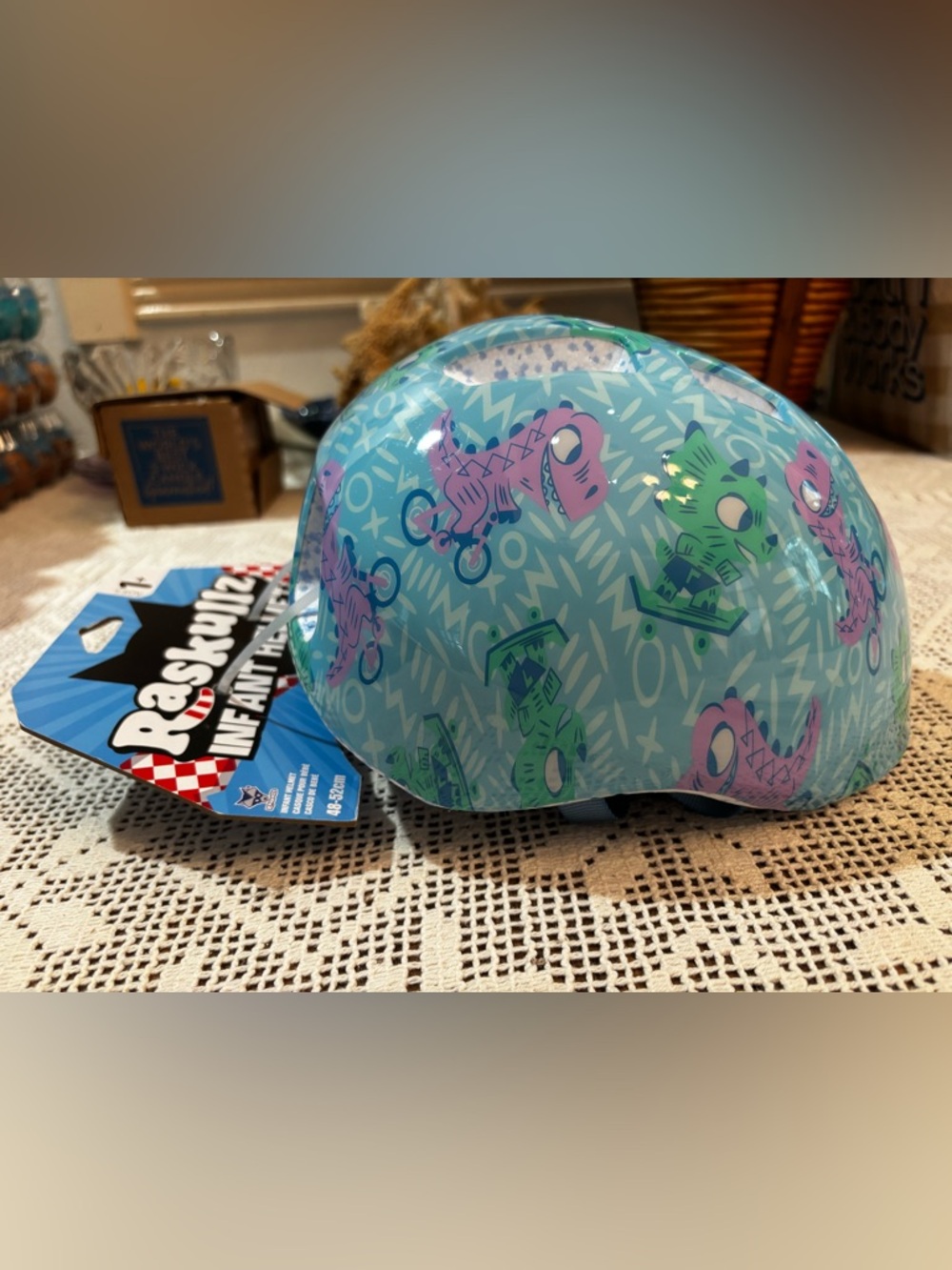 (WT 2026) Raskullz infant Bicycle Helmet in Blue with Pink & Green Dinosaurs